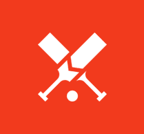 A red background with two bats and a ball.