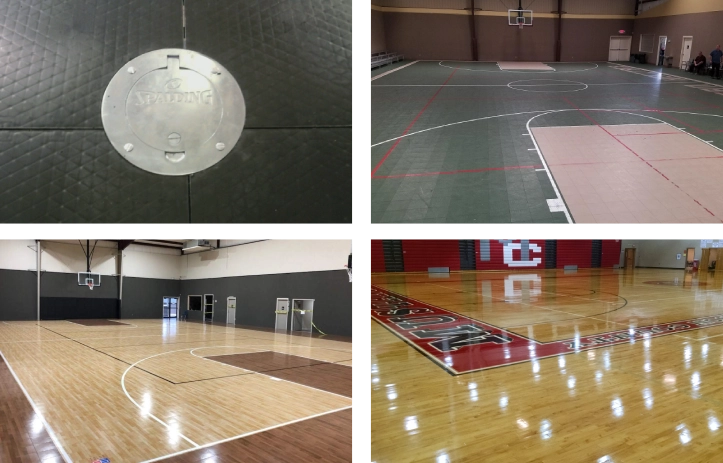 A collage of different basketball courts with the lights on.