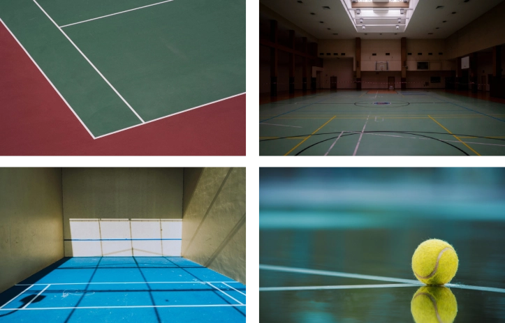 Four different pictures of a tennis court.