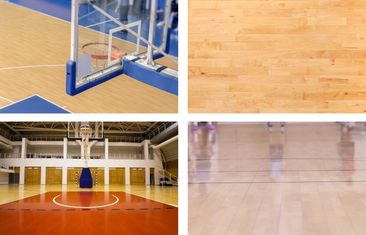 Four different images of a basketball court.