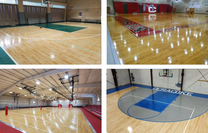 A collage of different basketball courts with many different colors.